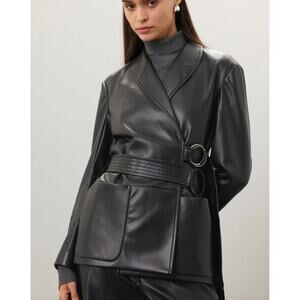 Eudon Choi Jacket Womens 12 Solid Black Double Belted Wrap Faux Leather